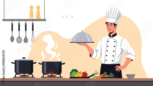 Professional male chef in a white uniform holds a covered serving tray in a modern kitchen with steaming pots.
