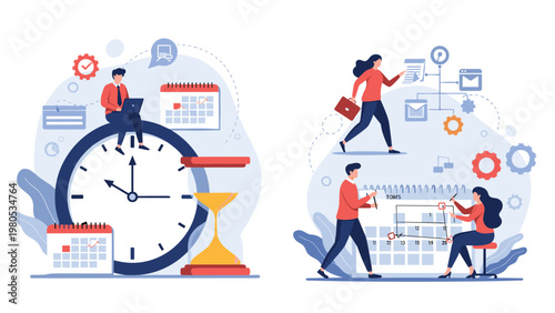 Creative time management concepts showing people organizing schedules with giant clocks and calendars in vector art.