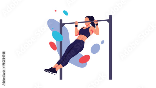Strong woman performing pull up exercise on horizontal bar against abstract background during fitness training.