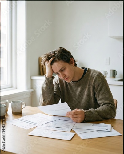 Stressed young man sitting at a kitchen table reviewing bills and financial documents representing debt and economic anxiety