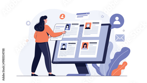 Human resources professional selecting job candidate resumes on large computer monitor screen in vector style.