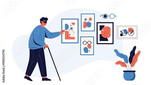 Visually impaired man with walking stick exploring abstract paintings in art gallery using sense of touch and hearing.