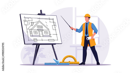 Professional architect in safety helmet presenting detailed house construction blueprint on easel with tools.
