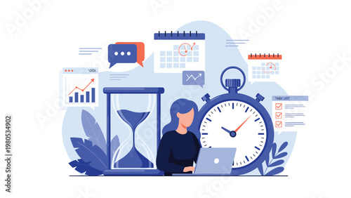 Focused young woman manages her schedule and tasks while surrounded by symbols of time including an hourglass and a large clock.
