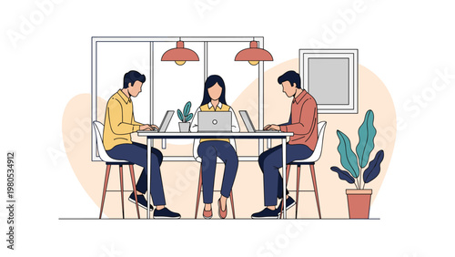 Group of focused colleagues works on their laptops at a long table in a modern and bright office space filled with green plants.