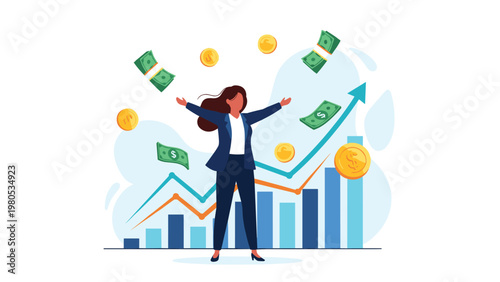 Joyful businesswoman in a blue suit celebrates financial growth as money falls and chart arrows point upwards in success.