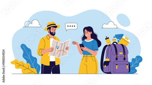 Adventurous couple studies a map while carrying hiking gear and a large backpack to plan their next travel journey together.