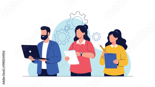 Team of diverse professional coworkers working together with laptop, documents, and notes against gears background.