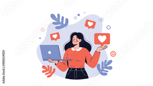 Smiling woman holds her laptop while being surrounded by floating pink heart icons representing positive social media engagement.