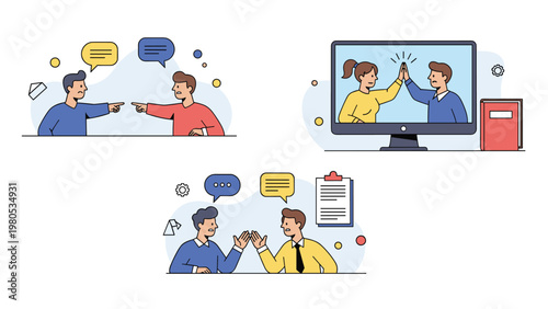 Collection of scenes depicts interpersonal communication including a workplace argument a video call high five and a final handshake.