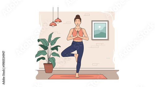 Focused woman practices a tree yoga pose in her living room with indoor plants and a mountain landscape picture on the wall.