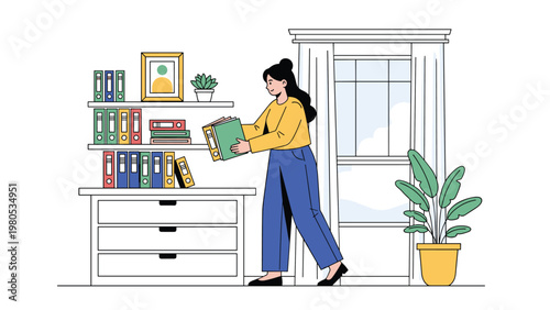 Young woman organizes numerous colorful binders on office shelves in a neat and bright workspace next to a large window.