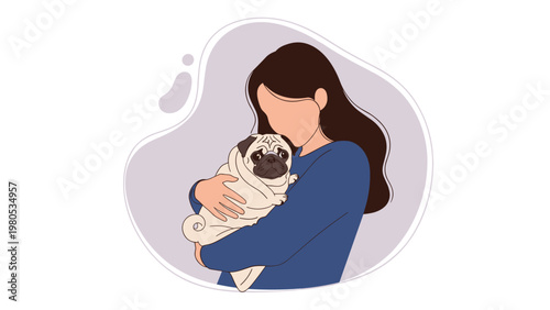 Loving woman holds a small pug dog close to her face in an affectionate embrace set against a soft purple background.