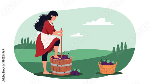 Woman in a red dress and white apron traditionaly stomps grapes in a large wooden barrel in a rural vineyard field.