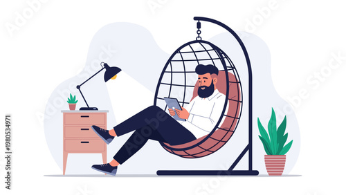 Man with a beard relaxes in a stylish hanging wicker chair while using a tablet in a cozy room with a lamp and plants.