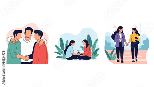 Set of illustrations shows human connection and social support including a hug deep conversation and two friends holding hands.