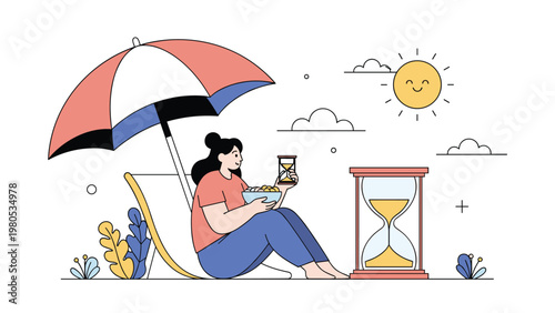 Woman enjoys her leisure time on a beach chair under an umbrella while comparing a small hourglass to a giant one on the sand.