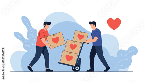 Two dedicated volunteers move cardboard boxes marked with heart symbols to support a charitable cause or community donation.