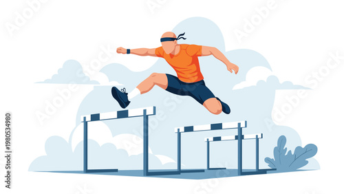 Determined athlete in an orange shirt jumps over track hurdles against a scenic background of blue sky and white clouds.