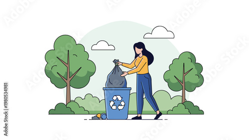 Woman practices environmental responsibility by placing a trash bag into a recycling bin in a green park with stylized trees.