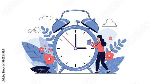 Woman stands beside a massive alarm clock and adjusts the hands to symbolize the importance of time management and deadlines.