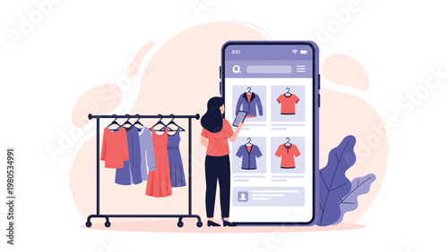 Woman uses her mobile phone to browse and purchase clothes from an online store displayed on a large smartphone screen.