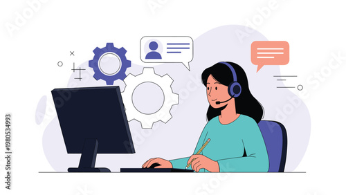 Dedicated female support agent wears a headset while working at her computer to assist customers with technical issues.