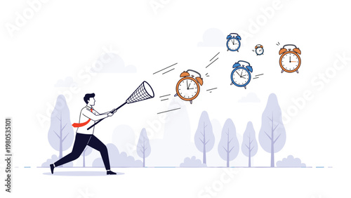 Businessman runs with a net trying to catch flying alarm clocks signifying the challenge of time management.