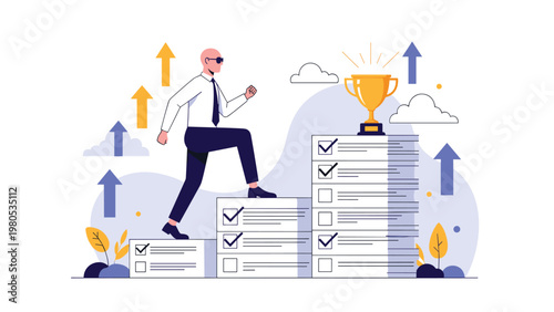 Ambitious businessman climbing a flight of stairs made of checklists to reach a golden trophy cup at the very top.