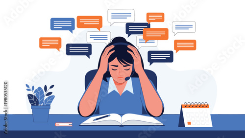 Stressed young woman working as a customer support agent overwhelmed by many incoming messages and social speech bubbles.
