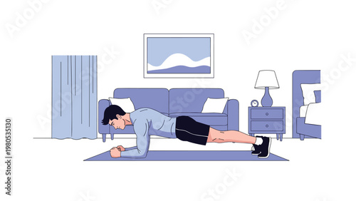 Man performs a plank exercise on a mat in a modern living room as part of his home workout and fitness routine.