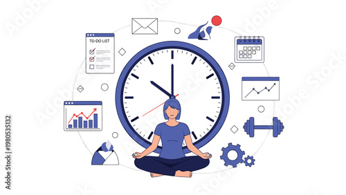 Woman meditating in lotus position surrounded by icons representing time management, fitness, and work productivity.