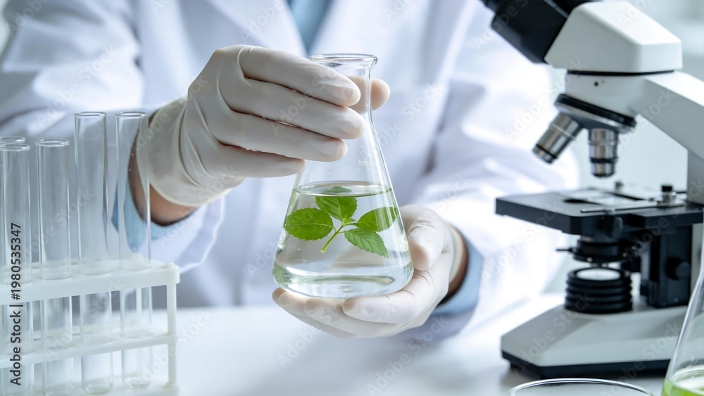 Fototapeta premium Scientist holding plant in liquid with microscope