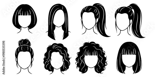 Collection of various hairstyles for women on white background