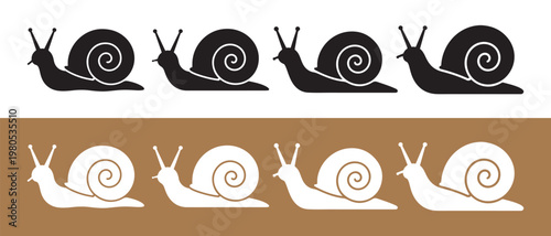 Snail Silhouettes Icon Set. in Black and White on Contrasting Backgrounds, Representing Slow Pace and Nature.