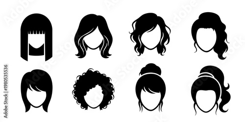 The illustration depicts various hairstyles on female heads in black.