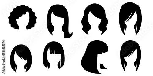 Eight different hairstyle silhouettes of women's heads are shown.