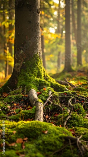 Focus on a large tree base covered in moss within a misty forest. Sunlight filters through, illuminating the vibrant greens and browns