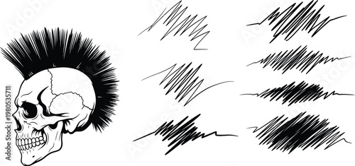 Skull with Mohawk and Brush Strokes on White Background