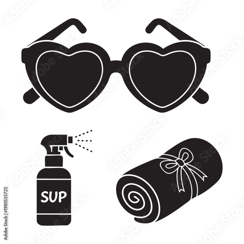 Beach vacation set with heart sunglasses and sunscreen
