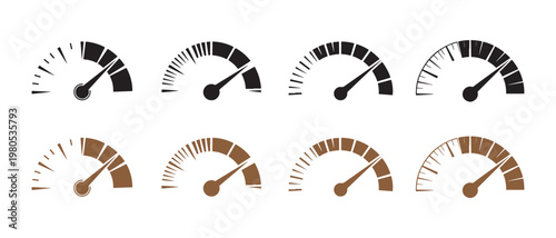 Set of Speedometer Icons. Black and Brown Gauges on White Background, Indicating Performance.
