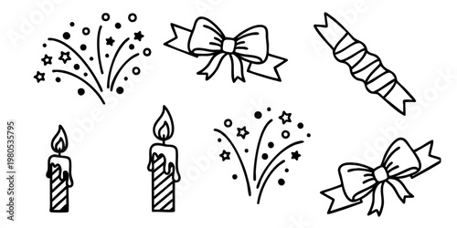 A festive scene with lit candles, exploding fireworks, and decorative bows on a celebratory background
