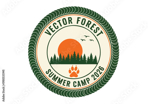 Vintage Vector Forest Summer Camp 2026 badge, retro outdoor adventure emblem with pine trees and sunset, wilderness camping logo with paw print