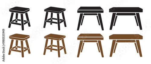 Set of Wooden Stools and Benches Vector Icons. in Black and Brown Tones, Displaying Diverse Furniture Designs on White Background.
