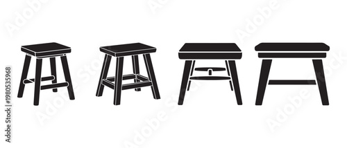 Collection of Wooden Stools, Various Designs, Isolated on White Background.