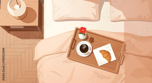 Cozy Morning Breakfast in Bed with Coffee and Croissant, Overhead View of a Warm and Inviting Bedroom Scene