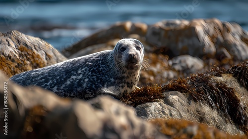 Adorable Baby Grey Seal Halichoerus grypus Resting on Coastal Rocks