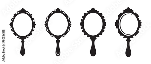 Vintage Ornate Hand Mirror Silhouette Collection on White, Decorative Antique Design Set.
