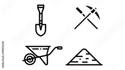 Construction Icon Set: A minimalistic collection of construction-related icons, each representing an essential tool for building and development, ideal for design projects and informative visual