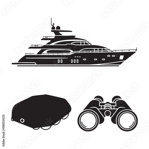 Nautical boat icons with luxury yacht and life raft